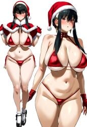 1girl ai_generated black_hair blushing_at_viewer choker christmas christmas_bikini christmas_outfit color earrings female headband heels huge_breasts lifting_clothing light-skinned_female osyasenpai red_eyes shonen_jump solo_focus spy_x_family sweating tagme thick_thighs twitter uncensored viz_media yor_briar