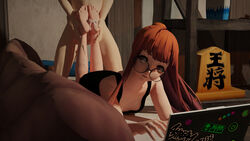 1boy 1girls 3d attic bed bed_sheet bedroom brown_eyes clothed_female_nude_male computer cum cum_on_feet cum_on_leg feet feet_up female foot_fetish footjob glasses laptop long_hair looking_back myrotep nude penis persona persona_5 ponytail red_hair sakura_futaba small_breasts straight tank_top uncensored xnalara