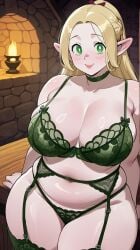 1girls ai_generated astrawaifu big_breasts blonde_hair breasts chubby chubby_female curvy curvy_female curvy_figure delicious_in_dungeon dungeon_meshi elf elf_ears elf_female green_eyes large_breasts light-skinned_female lingerie looking_at_viewer marcille_donato mature_female pale-skinned_female pawg solo_female thick thick_thighs thighs