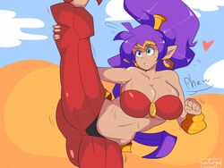 1girls big_breasts blue_eyes blush bracer breasts cleavage clothed earrings female jewelry long_hair outdoors ponytail purple_hair shantae shantae_(character) skindentation smooth_skin solo splits sweat uuforya vertical_splits