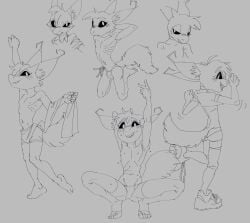 alien antennae_(anatomy) anthro apollo_caelum big_ears black_sclera bulge buttergug clothing collar crouching digital_media_(artwork) dragon femboy footwear greyscale hands_behind_head hi_res male monochrome multiple_poses mythological_creature mythological_scalie mythology nude pose scalie shoes skinny smug solo surprised_expression tail