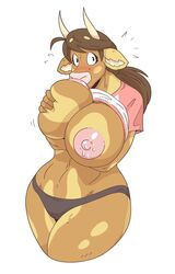 1girls animal_ears anthro areolae big_breasts black_eyes blush bovine breasts_out brown_fur brown_hair caught cow_girl drinking_milk drinking_own_milk female female_only fur highres horns lactating legs_together long_hair looking_at_viewer mammal molly_(slightlysimian) nipples panties pink_nipples pink_nose self_breast_sucking shirt_lift slightlysimian solo solo_female thick_thighs two_tone_fur white_background yellow_fur