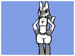 ajin animal_ears animal_feet animated animated arched_back ass blinking blue_background border breasts closed_mouth creatures_(company) female female female_focus flipnote_studio_(medium) from_behind furry furry_female game_freak generation_4_pokemon greyscale_with_colored_background groin half-closed_eyes hands_on_own_hips happy leaning_forward legs looking_at_viewer looking_back lucario nintendo no_nipples pawpads pokemon pokemon_(creature) simple_background sketch small_breasts smile snout solo standing tail tail_raised white_border wolf_ears wolf_girl wolf_tail