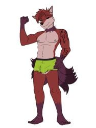 2024 3:4 5_fingers 5_toes anthro arm_tattoo biped black_sclera bulge canid clothed clothing detailed_bulge digital_drawing_(artwork) digital_media_(artwork) fangs feet fingers front_view fur fuze green_clothing green_underwear hair hand_on_hip hi_res looking_at_viewer male mammal multi_tail multicolored_body multicolored_fur navel neck_tuft nipples pink_body pink_fur pink_nipples plantigrade purple_body purple_fur purple_tail red_body red_eyes red_fur red_hair simple_background solo standing tail tattoo teeth toes tuft underwear underwear_only unknown_species white_background