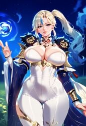 2d ai_generated big_breasts bodysuit charon female female_focus female_only multicolored_hair side_ponytail solo solo_female solo_focus tagme vindictus white_hair