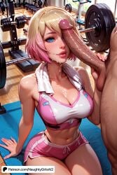 ai_generated big_breasts blonde_hair colored_hair gradient_hair gwenpool gwenpool_(series) marvel marvel_comics mature mature_female naughtygirlsai penis penis_on_face short_hair testicles thong_above_shorts