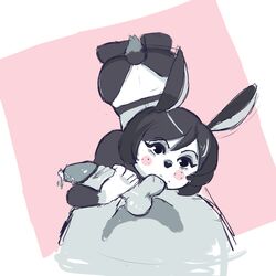 1:1 ambiguous_species animal_crossing anthro balls balls_suck blush carmen_(animal_crossing) duo female handjob hi_res lagomorph leporid looking_at_viewer male mammal nintendo oral pattern_background penile penis rabbit sex simple_background straight sucking unknown_artist video_games