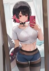 1girls black_hair breasts choker ear_piercing ellen_joe female large_breasts looking_at_viewer midriff mirror mirror_selfie pantyhose pink_hair punk punk_girl red_eyes selfie setsuaiart shark_girl shark_humanoid shark_tail shirt short_hair shorts zenless_zone_zero