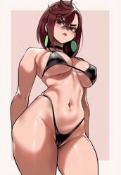 ai_generated ayase_momo bikini blushing_at_viewer brown_eyes brown_hair cameltoe choker color dandadan earrings huge_breasts light-skinned_female looking_at_viewer osyasenpai shonen_jump thick_thighs twitter uncensored viz_media