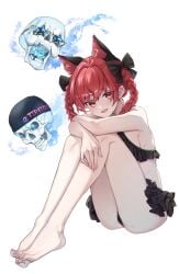 braid cat_ears feet looking_at_viewer red_eyes red_hair rin_kaenbyou skull swimsuit tadano1129 touhou white_background