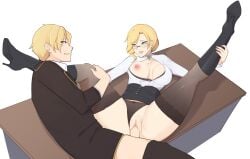 1boy 1boy1girl 1girls big_breasts blonde_hair blue_eyes blush breasts corset earring earrings female glasses glynda_goodwitch green_eyes high_heels huge_breasts human jaune_arc male neovixtadiz nipples open_mouth rwby sex straight tagme teacher_and_student white_background