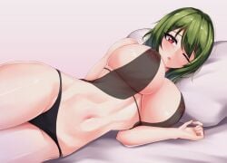 1girls belly_button breasts female green_hair laying_on_bed leo23 nipples one_eye_closed open_mouth red_eyes touhou yuuka_kazami