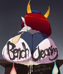 1girls after_sex ass ass_focus bench big_ass body_writing bubble_butt clothing comic cover_page cum cum_drip cum_pool cum_pooling dat_ass demon demon_girl fat_ass female hat hekapoo horns huge_ass large_ass massive_ass png red_hair shirt shorts sitting star_vs_the_forces_of_evil thick_ass thick_thighs underground_(artist) used_condom used_condoms white_skin wide_hips