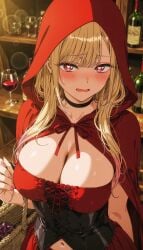 1girls belly_button blonde_hair blush breasts busty choker cleavage cosplay heart-shaped_pupils hood hood_up hoodie kitagawa_marin large_breasts looking_at_viewer nail_polish red_eyes red_riding_hood red_riding_hood_(cosplay) ribbon solo sono_bisque_doll_wa_koi_wo_suru sweatdrop wavy_mouth