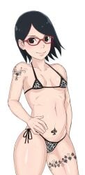 1girls belly beta_safe bikini black_hair blacked blacked_clothing boruto:_naruto_next_generations breasts cleavage cute g9g94g4g glasses light-skinned_female lips midriff naruto navel petite queen_of_spades sarada_uchiha short_hair smile solo solo_female tattoo tattoos thick_thighs thighs young