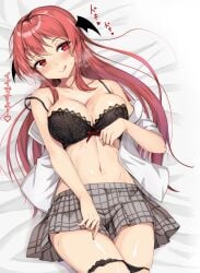 amagi_(amagi626) blush bra cleavage female female_only head_wings koakuma navel red_eyes red_hair sweat tongue_out touhou