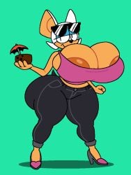 artstyle_imitation bat coconut_drink high_heels jeans mobian_(species) overflowing_breasts pink_tank_top revealing_clothes rouge_the_bat sonic_(series) sonic_the_hedgehog_(series) stretched_clothing sunglasses_on_head superiorfox_(style) white_fur