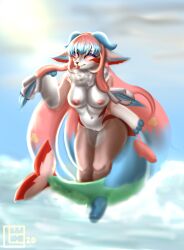 absurd_res big_breasts breasts female feral fish hi_res hybrid looking_at_viewer mammal marine nude shark simple_background solo tail wenqu0304