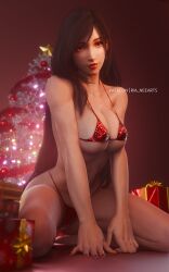 3d 3d_(artwork) artist_name bikini bikini_bottom bikini_top black_hair breast_squeeze christmas christmas_outfit christmas_present christmas_tree final_fantasy final_fantasy_vii final_fantasy_vii_rebirth final_fantasy_vii_remake fit_female gift_box highres kneeling lipstick long_hair makeup painted_nails patreon_username posing red_eyes red_lipstick red_nails ria-neearts simple_background tifa_lockhart toned