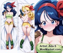 2girls bad_launch blue_eyes blue_hair dakimakura dragon_ball dragon_ball_(classic) good_launch torn_clothes