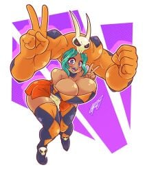 1girls abstract_background bending_over big_breasts breasts cerebella digital digital_media_(artwork) hat lab_zero_games simple_background skull skullgirls smile tagme turquoise_hair unrealistic_proportions