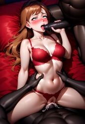 1girls 2boys ai_generated anna_(frozen) blowjob cock_worship frozen frozen_(film) ginger_hair hand_on_head interracial interracial_sex red_lingerie sucking_penis vaginal_sex