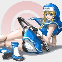 1boy 2014 androgynous ass background_pattern bad_id bad_pixiv_id bike_shorts blonde_hair blue_eyes boots bridget canon_crossdressing cross femboy feminine_male fingerless_gloves guilty_gear habit holding_object kikuchi_satoshi laying_on_side legs looking_at_viewer looking_back male_focus male_nun naughty_face nipple_bulge nun's_habit on_ground presenting presenting_hindquarters smile solo solo_focus