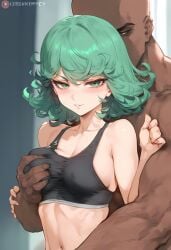 1boy 1girls ai_generated bare_arms bare_shoulders blush clothed clothing color dark-skinned_male dark_skin female grabbing_breasts green_eyes green_hair gym_clothes hand_on_breast hi_res interracial light-skinned_female light_skin looking_at_viewer male male/female muscles muscular muscular_male nakatori one-punch_man short_hair small_breasts tatsumaki thick_thighs