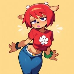 1girls ai_generated anthro female female_focus furry lamb lammy_lamb large_breasts male midriff orange_fur parappa_the_rapper presenting red_hair sheep sheep_girl sony sony_corporation sony_interactive_entertainment thong um_jammer_lammy