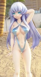 1girls 3d arm_behind_head armpits beach big_breasts blue_eyes blue_hair blush breasts busty confident female female_only half-closed_eyes kiseijou_rei kiseijou_rei_(goddess_form) large_breasts legs long_hair looking_at_viewer navel neptunia_(series) rei_ryghts seductive seductive_look seductive_smile sensual sling_bikini slingshot_swimsuit solo swimsuit thighs underboob voluptuous