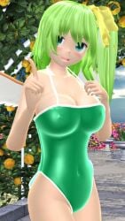 1girls 2023 3d belly_button blue_eyes_female blush breasts cleavage clouds daiyousei fairy fairy_wings finger_up flowers garden green_hair_female green_swimsuit hand_on_breast hati_yukkuri_mmd jpeg light-skinned_female long_hair_female looking_at_viewer mmd nipple_outline open_mouth outdoors solo_female solo_focus sunset swimsuit tied_hair touhou uncanny_valley waist wings yellow_ribbon