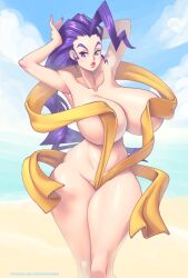 1girls 2d beach busty capcom color completely_nude completely_nude_female digital_media_(artwork) female female_focus female_only hourglass_figure italian italian_female large_breasts long_hair looking_at_viewer nude nude_beach nude_female nudity pubic_hair public_nudity purple_eyes purple_hair rose_(street_fighter) scarf smile solo street_fighter street_fighter_alpha supersatanson tagme wide_hips