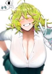 1girls arrow_(symbol) artist_name big_breasts blush boku_no_hero_academia breasts cleavage closed_eyes collarbone female gloves green_hair green_skirt hand_on_own_hip highres huge_breasts invisible leaning_forward medium_hair multicolored_hair my_hero_academia phone pink_hair rek1610 school_uniform shirt short_sleeves skirt smile solo tooru_hagakure tooru_hagakure_(visible) u.a._school_uniform v white_background white_shirt