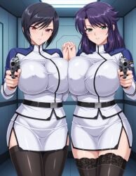 2girls ai_generated aihentaiarts belt black_hair breast_press breasts curvy curvy_figure green_eyes gun holding_hands huge_breasts indoors kangoku_senkan lieri_bishop lilith-soft looking_at_viewer mature_female military_uniform naomi_evans narrow_waist pencil_skirt pointing_at_viewer purple_hair red_eyes rieri_bishop side_slit skirt slim_waist space spacecraft spaceship taimanin_(series) thick_thighs thighhighs voluptuous voluptuous_female