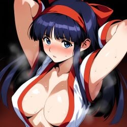 1girls ainu_clothes armpits arms_behind_head big_breasts blue_eyes blue_hair blush busty cleavage female female_only hair_ribbon hi_res king_of_fighters long_hair looking_at_viewer nakoruru open_mouth pose posing samurai_shodown sensual sexy_armpits snk sweat tongue voluptuous