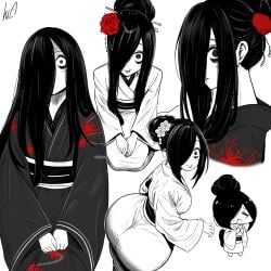 1girls ass black_hair chibi closed_eyes cute eating eye_bags fat_ass female female_only ghost ghost_girl hair_covering_eye kimono long_hair looking_at_viewer new_year rear_view solo the_ring tied_hair white_skin wide_eyed wide_hips yamamura_sadako