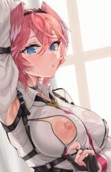 :o @_@ absurd_res absurdres armpit armpits blue_eyes blush breast_zipper breasts choker collar collarbone female flustered gloves hair_between_eyes hairband head_wings headband hi_res high_resolution highres hololive hololive_japan holox jacket large_breasts long_sleeves looking_at_viewer multicolored_hair necktie nipple nipples pink_hair puffy_sleeves shirt short_hair snarkhunt solo sweat sweatdrop sweating sweaty takane_lui takane_lui_(1st_costume) tears underwear unzipped unzipping virtual_youtuber wet_clothes wet_clothing white_shirt wings zipper