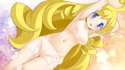 ahoge bath beige_underwear blonde_hair blue_eyes cg chou-chou chou-chou_(ditz) compile_heart covered_in_soap foam game_cg god goddess gold_hair golden_hair light_skin long_hair medium_breasts mugen_souls pointy_ears soap underwear wavy_hair