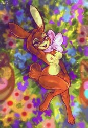 2022 absurd_res anthro bedroom_eyes biped bow_tie breasts brown_body brown_eyes brown_fur buckteeth cadbury cadbury_bunny digital_media_(artwork) dimwitdog eyelashes female fur hi_res lagomorph leporid looking_at_viewer lying mammal mascot multicolored_body multicolored_fur narrowed_eyes nipples on_back open_mouth open_smile rabbit seductive smile solo tan_body tan_fur teeth two_tone_body two_tone_fur