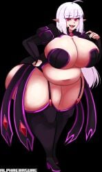 1girls alphaerasure ass black_background breasts calamity_(alphaerasure) chubby chubby_female cleavage clothed demon_girl female female_only garter_straps heel_boots heels huge_ass huge_breasts long_hair overflowing_breasts plump pointy_ears purple_eyes red_eyes signature slightly_chubby standing stockings tagme thick_thighs thighhighs thighs tight_clothing watermark white_hair