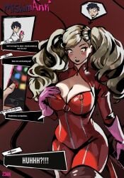 ann_takamaki artist_request blonde_hair blue_eyes blush body_swap bodysuit breast_awe catsuit child_bearing_hips cleavage cleavage_cutout genderswap_(mtf) hourglass_figure large_breasts nosebleed pale_skin persona persona_5 phantom_thief_suit phone phone_screen pink_gloves possessed possession red_clothing tail text twintails whip wide_hips yuuki_mishima