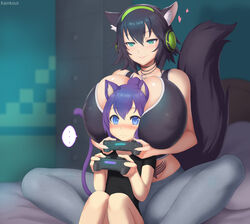 animal_ears areolae bed big_breasts blush breast breast_press breast_squeeze cute furry happy head_in_cleavage headphones heart huge_breasts kainkout large_breasts nipples nipples_touching seductive seductive_smile smile tail video_games worried worried_expression worried_look