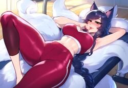 1girls ahri ai_generated anemoi armpit commission female fox_ears fox_girl gym_clothes gym_uniform laying_down laying_on_back league_of_legends leggings long_hair looking_at_viewer riot_games seductive seductive_look seductive_pose solo solo_female solo_focus sports_bra sportswear sweat sweatdrop tight_clothing vastaya workout_clothes yoga_pants