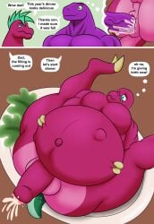 belly birth brother chubby dialogue dinosaur fat father funny furry gay green_hair humor magenta_body male male_pregnancy mpreg muscular penis pregnant purple_body reptile rub_lug_(furry) son tail unbirth vore