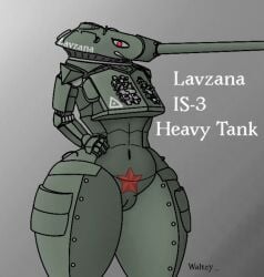 anthro cannon teeth female genitals hand_on_hip living_machine living_tank living_vehicle machine pubic_tattoo ranged_weapon small waist solo tank_(vehicle) tankmorph tattoo thick_thighs vehicle weapon wide soviet_girl red_star is-3 digital_drawing_(artwork) small_waist wide_hips english_text
