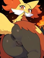 ai_generated anthro anus ass canid canine closed_mouth delphox female fire furry looking_back mammal orange_body orange_eyes orange_fur pokemon pokemon_(species) pussy red_body red_fur smile stable_diffusion tail vince_ai white_body white_fur yellow_body yellow_fur