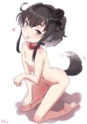 anal_tail animal_collar animal_ears barefoot black_hair breasts brown_eyes collar commentary_request covered_penetration dog_ears dog_tail fake_tail female fuji_(pixiv24804665) hair_ears hair_ribbon hat highres implied_sex kantai_collection kneeling mini_hat ribbon short_hair short_hair_with_long_locks simple_background small_breasts smokestack_hair_ornament solo swimsuit tail tail_wagging tokitsukaze_(kancolle) tongue tongue_out two_side_up white_background