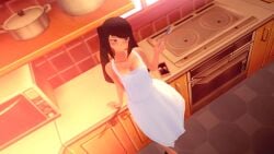 1girls 3d black_hair blush evening female julianne_stingray kitchen kitchen_counter kitchen_utensils koikatsu long_hair looking_away naked_apron phone phone_screen small_breasts solo solo_female solo_focus spiritofrei spoon va-11_hall-a