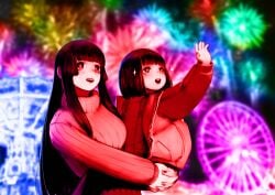 2girls amusement_park arm_up artist_name artist_signature bangs black_hair blunt_bangs blush bob_cut cari daughter ferris_wheel fireworks hands_together happy hime_cut holding holding_character holding_child jacket large_breasts long_hair medium_hair mother mother_and_child mother_and_daughter new_year night open_mouth original painted_nails reaching_out shawl shoulder_length_hair smiling sparkles sparkling_eyes straight_hair sweater teeth wholesome