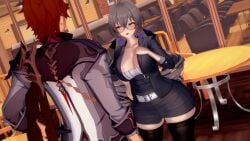 3d absurd_res big_breasts bronya_rand childe_(genshin_impact) cleavage crossover genshin_impact ginger grey_hair hi_res honkai:_star_rail invitation koikatsu miniskirt nick_maxwell office_lady stockings tagme tartaglia_(genshin_impact) thick_thighs wide_hips